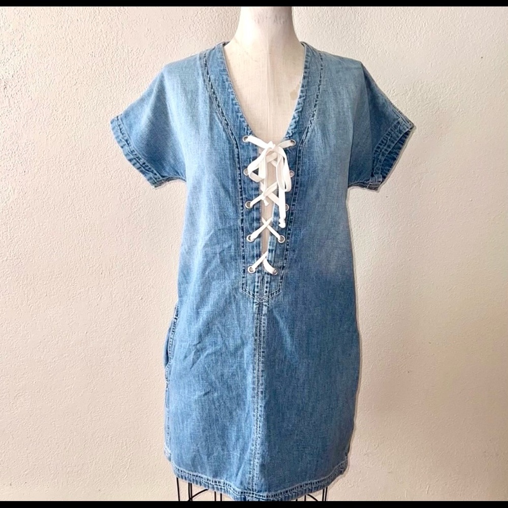 LUCKY BRAND Denim Chambray Tie Lace Up Dress Med